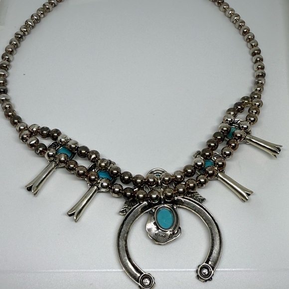Sterling Silver Squash Blossom Necklace with Turquoise, Signed AW - Picture 3 of 13